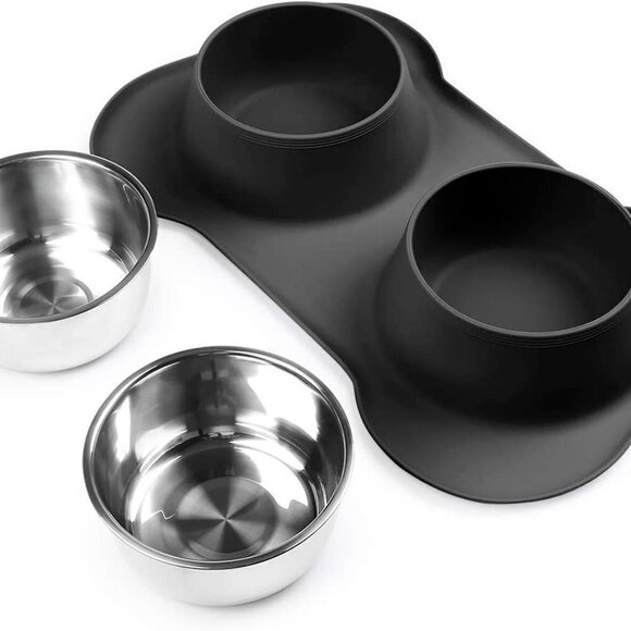BONE SHAPED SILICONE MAT WITH STAINLESS STEEL PET FEEDING AND WATER BOWL… - Picture 3 of 8